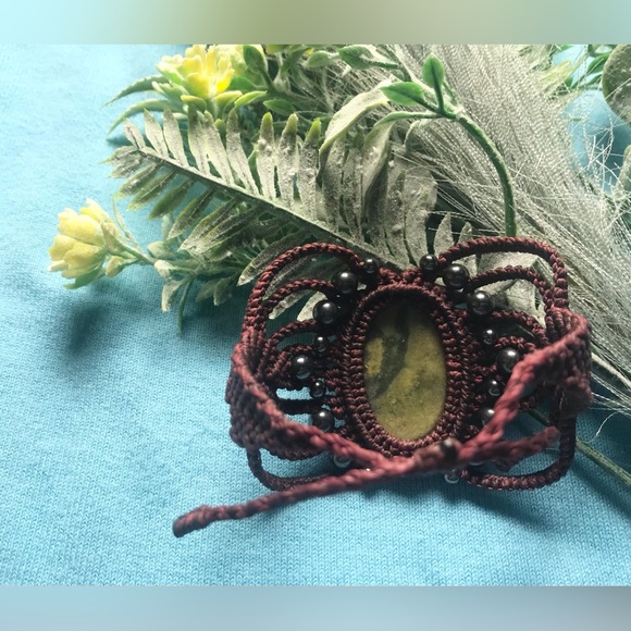 HANDMADE MACRAME CUFF GENUINE JADE AND HEMATITE BEADS - Picture 3 of 6